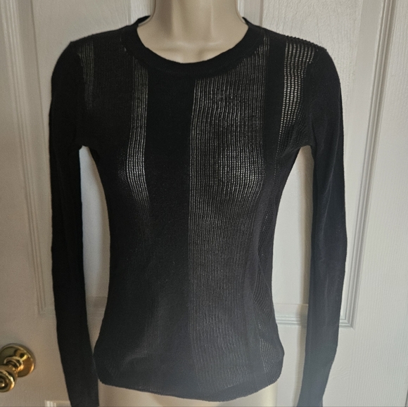 All Saints Sheer Striped Stretcg Black Knit Detail Top - Picture 2 of 7